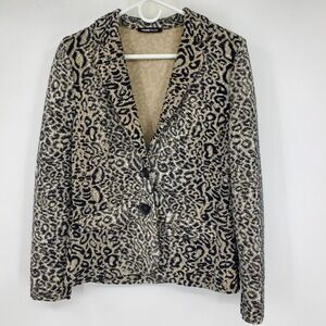 Frank Walder Leopard Print Blazer Women Beige Black Button Front Jacket Size 12
